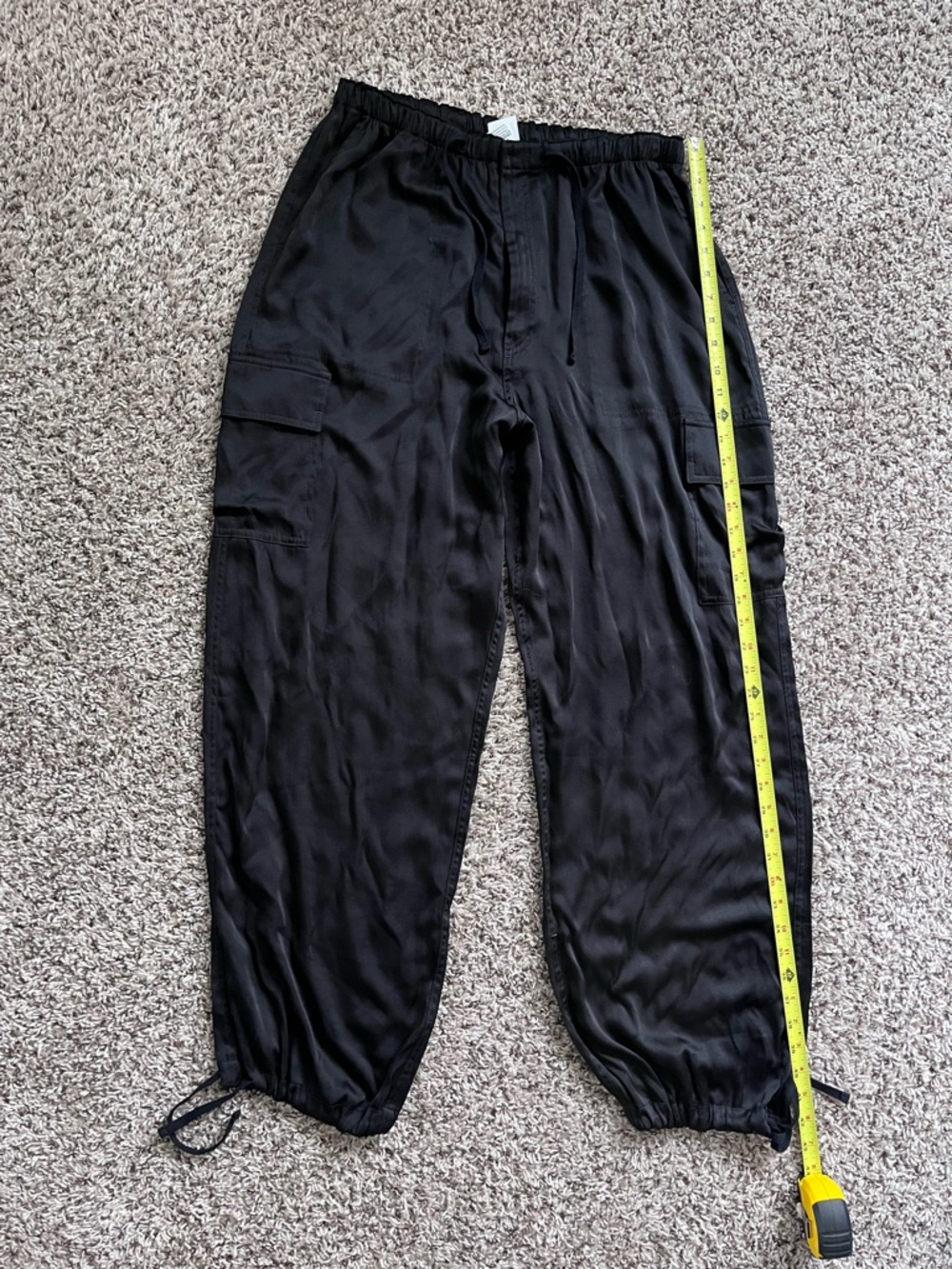 Victoria's Secret PINK Black Satin Cargo Pants High Rise Drawstring Large